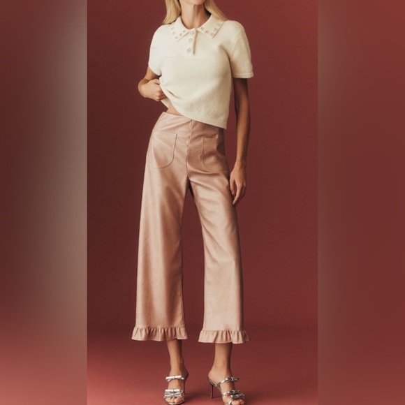 Anthropologie Maeve The Colette Metallic Ruffle-Hem Faux Leather Pants - Picture 3 of 15